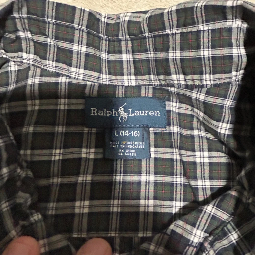 Ralph Lauren Button Down Shirt Boys L 14-16 Green Plaid Long Sleeve Pony Logo